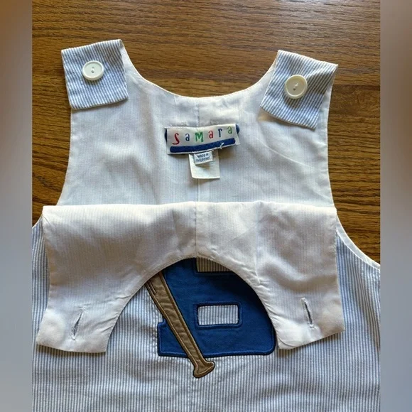 Samara 3T Vintage blue and white Striped Jon-Jon with Baseball/B applique - Picture 5 of 14
